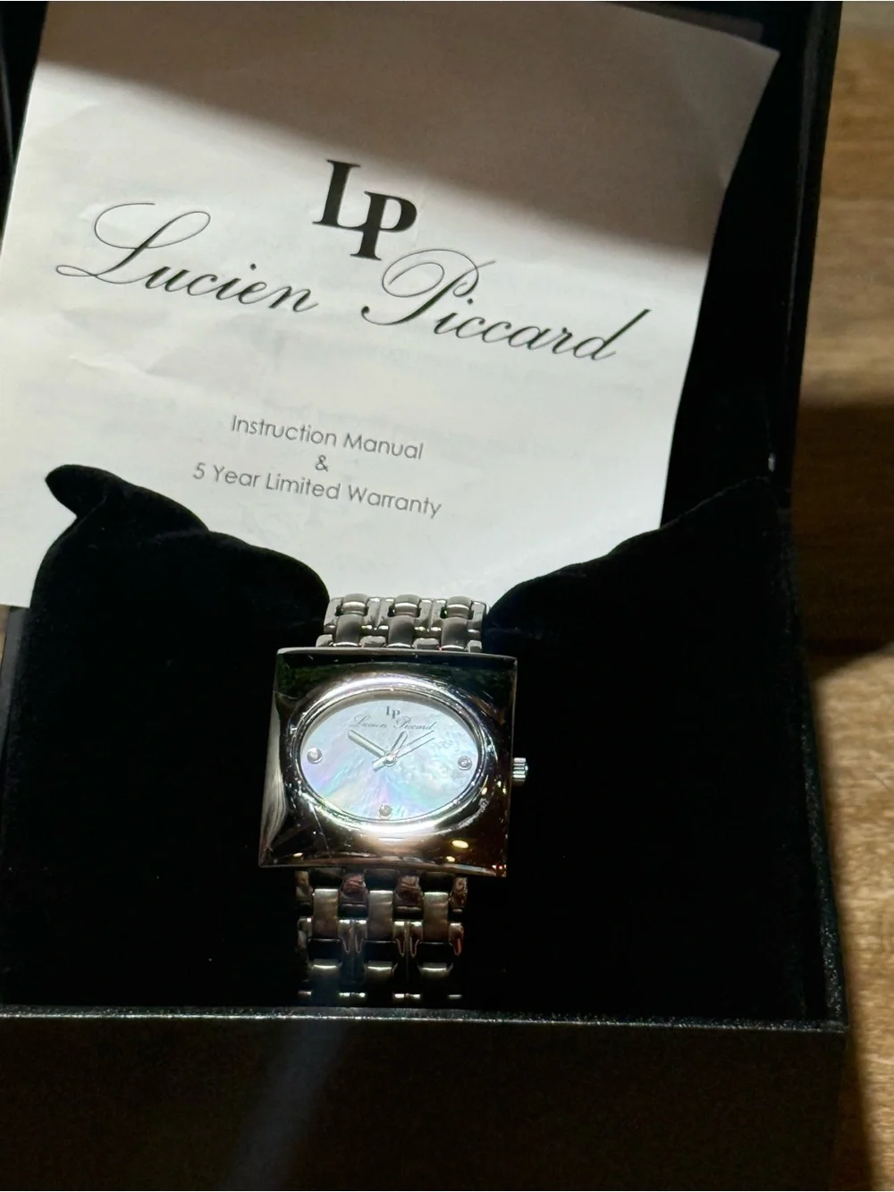 Lucien Piccard Women’s Stainless Steel Mother of Pearl Watch Diamond Accent Box